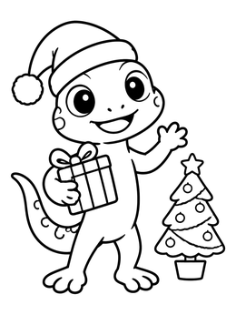 A festive lizard coloring page showing a cartoon reptile with a Santa hat, present, and mini Christmas tree.