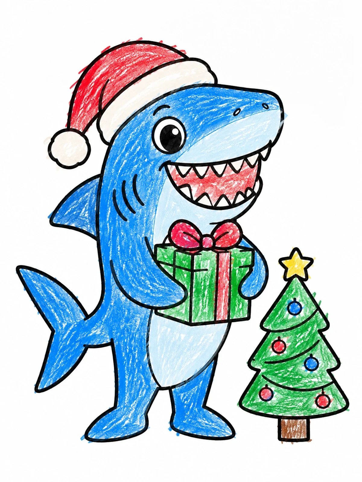 Colored example of the Cute Christmas Megalodon With Gift coloring page