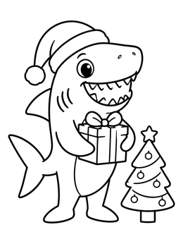 Free printable Cute Christmas Megalodon With Gift coloring page