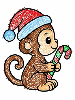 Cute Christmas Monkey With Candy Cane Coloring Page