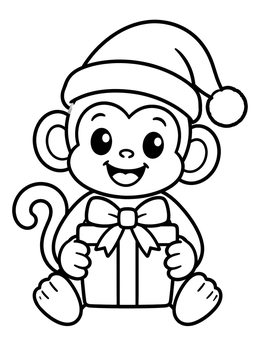 Free printable Cute Christmas Monkey With Present coloring page