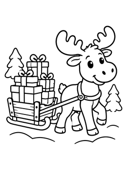 Free printable Cute Christmas Moose Pulling Sled coloring page