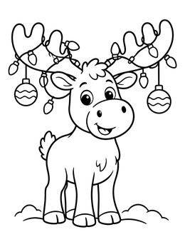 Free printable Cute Christmas Moose With Lights coloring page