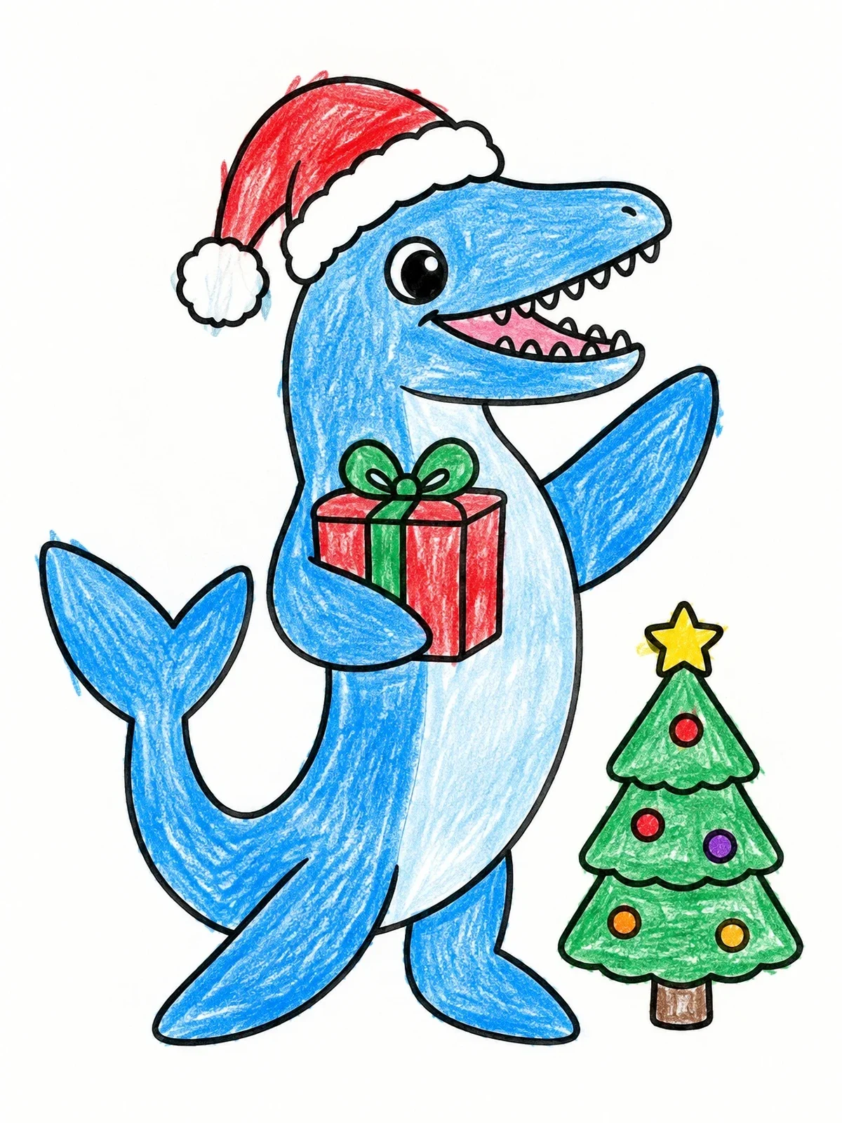 Colored example of the Cute Mosasaurus Celebrating Christmas coloring page
