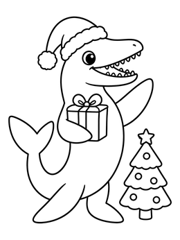 Free printable Cute Mosasaurus Celebrating Christmas coloring page