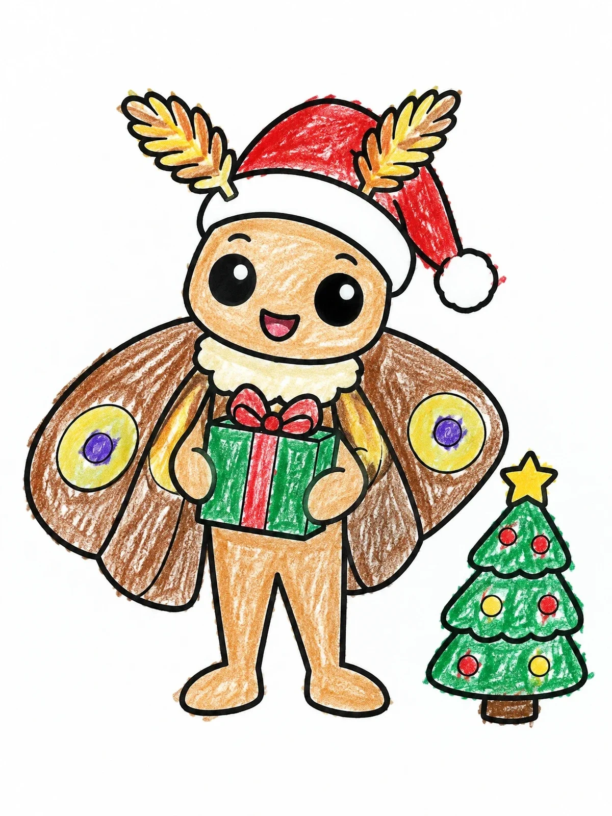 Colored example of the Cute Christmas Moth With Gift coloring page