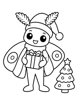 A cheerful cartoon moth coloring page holding a wrapped Christmas present near a tiny tree.