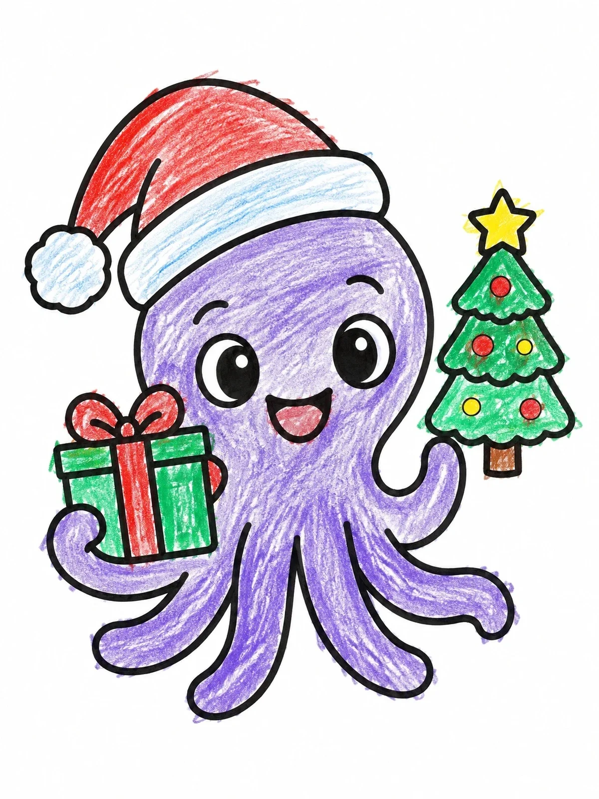 Colored example of the Cute Christmas Octopus With Gifts coloring page