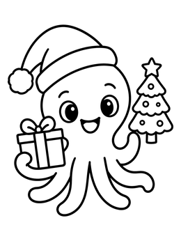 A cute octopus coloring page with a Santa hat holding a gift box and a Christmas tree.