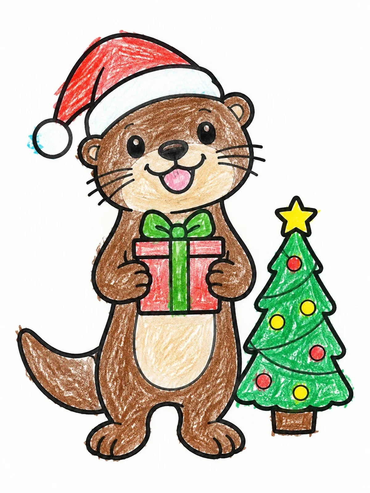 Colored example of the Cute Christmas Otter With Gift coloring page