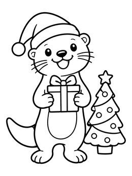 Free printable Cute Christmas Otter With Gift coloring page