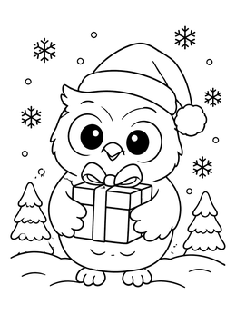 Free printable Cute Christmas Owl Holding A Gift coloring page