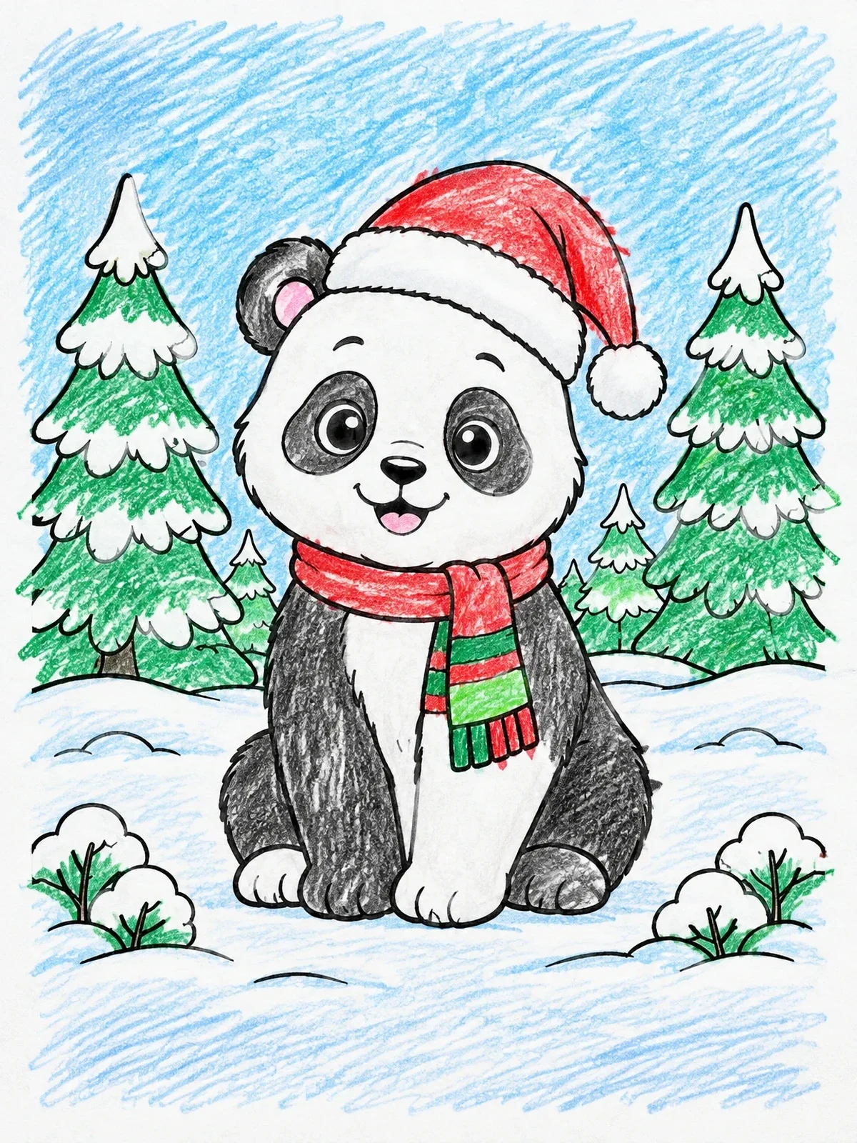 Colored example of the Cute Christmas Panda In The Snow coloring page