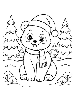 A cute Christmas panda coloring page with a Santa hat and scarf in snowy woods.