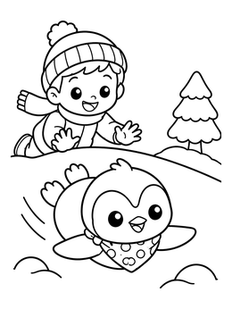 A cute christmas penguin coloring page showing a baby penguin sliding on snow with a happy child behind.