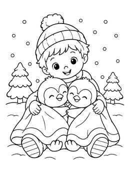 A happy child hugs two penguins on this cute christmas penguin coloring page.