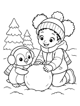 A cute christmas penguin coloring page with a happy child rolling a big snowball outdoors.