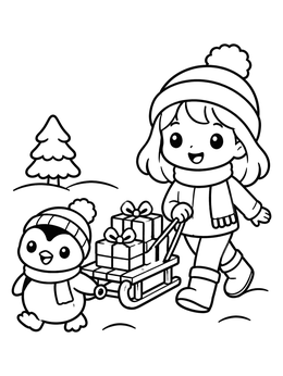 Free printable Child And Penguin Pulling Gift Sled coloring page