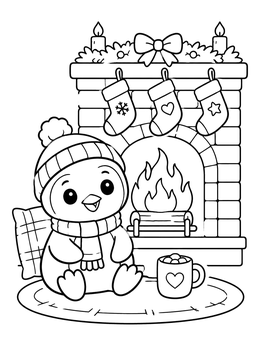 A cute christmas penguin coloring page with a cozy fireplace and warm cocoa.