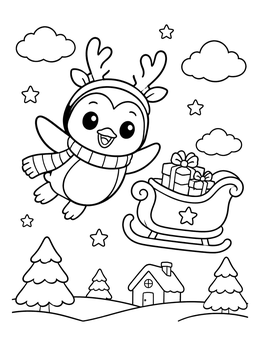 A cute christmas penguin coloring page featuring a penguin wearing antlers flying above a village beside a sleigh.
