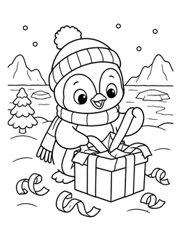 A cute christmas penguin coloring page showing a little penguin opening a gift box in the snow.