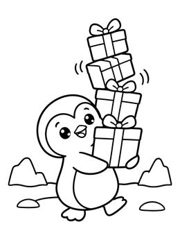 Free printable Penguin Balancing Holiday Gift Stack coloring page