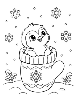 A cute christmas penguin coloring page with a baby chick peeking out of a warm mitten under snowflakes.