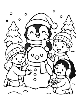 A cute christmas penguin coloring page with happy children making a penguin snow figure together.