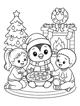 Free printable Penguin And Children Sharing Holiday Cookies coloring page