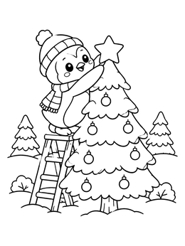 A cute christmas penguin coloring page featuring a small penguin placing a star on a tree.