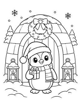 A cute christmas penguin coloring page with an igloo and lanterns.