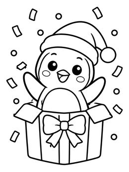 A cheerful baby penguin in a Santa hat pops from a gift box in this cute christmas penguin coloring page.