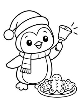 A cute christmas penguin coloring page with a holiday hand bell and gingerbread treats.