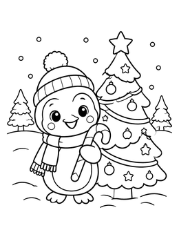 A cute christmas penguin coloring page with a candy cane beside a decorated tree.