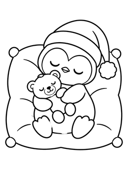 A cute christmas penguin coloring page showing a sleeping chick with a nightcap hugging a teddy bear.