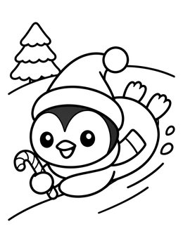 Free printable Penguin Sliding Down Snowy Hill coloring page