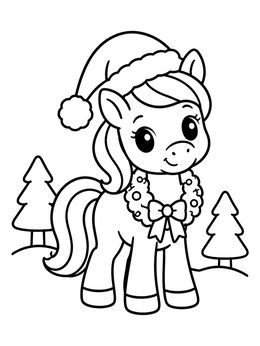 Free printable Cute Christmas Pony With Santa Hat coloring page