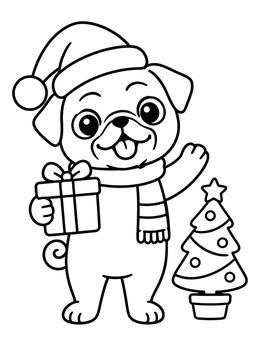 A festive pug coloring page showing a puppy in a Santa hat holding a gift next to a small tree.