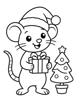 A cheerful cartoon rat coloring page with a Santa hat holding a wrapped gift next to a small tree.