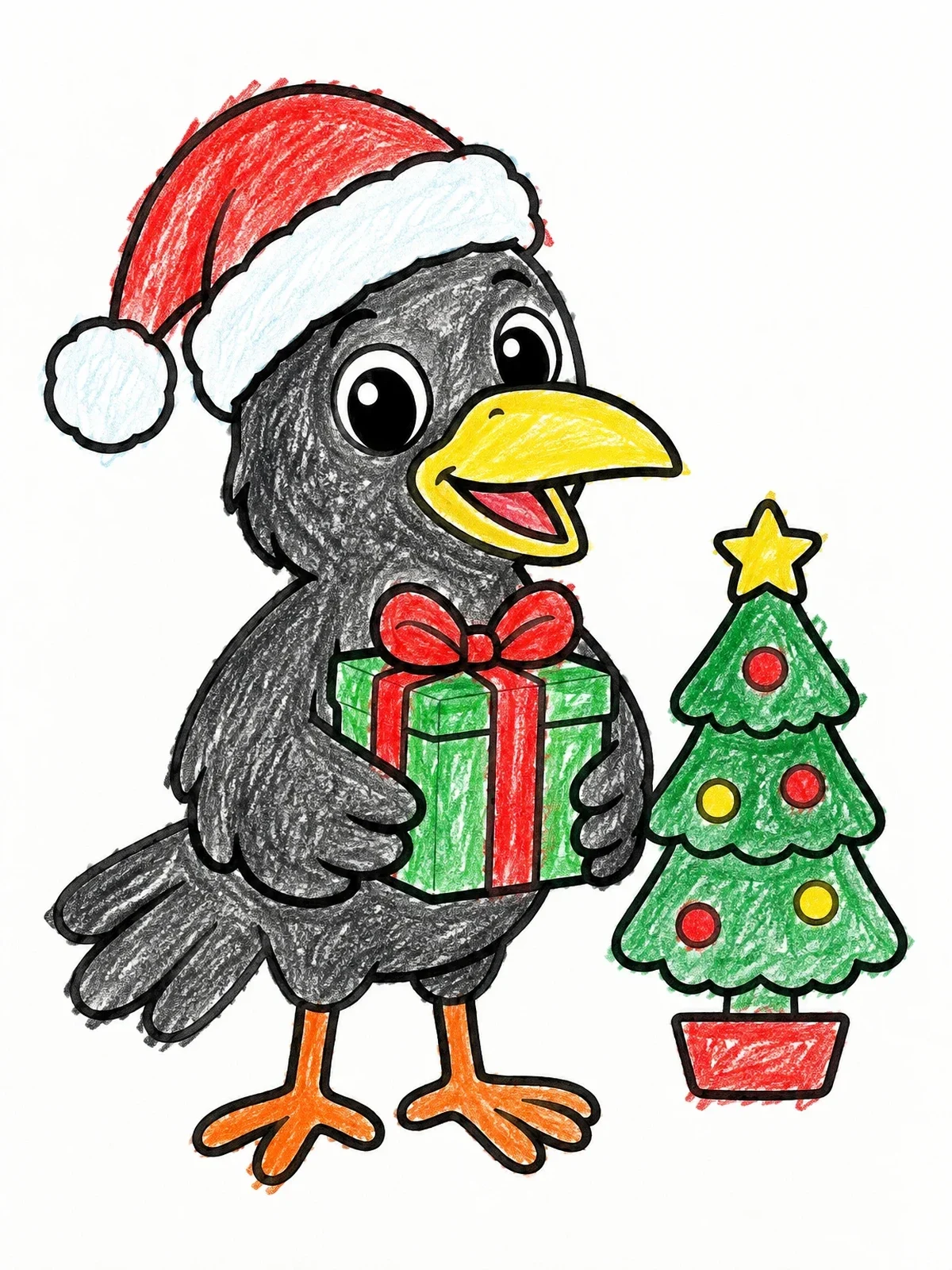 Colored example of the Cute Christmas Raven With Present coloring page