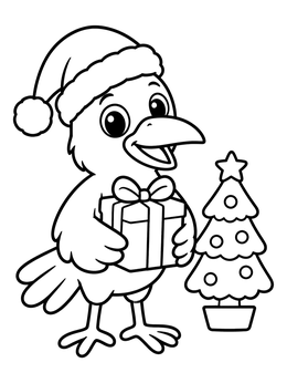 A cheerful raven coloring page featuring a bird in a Santa hat holding a gift next to a tree.