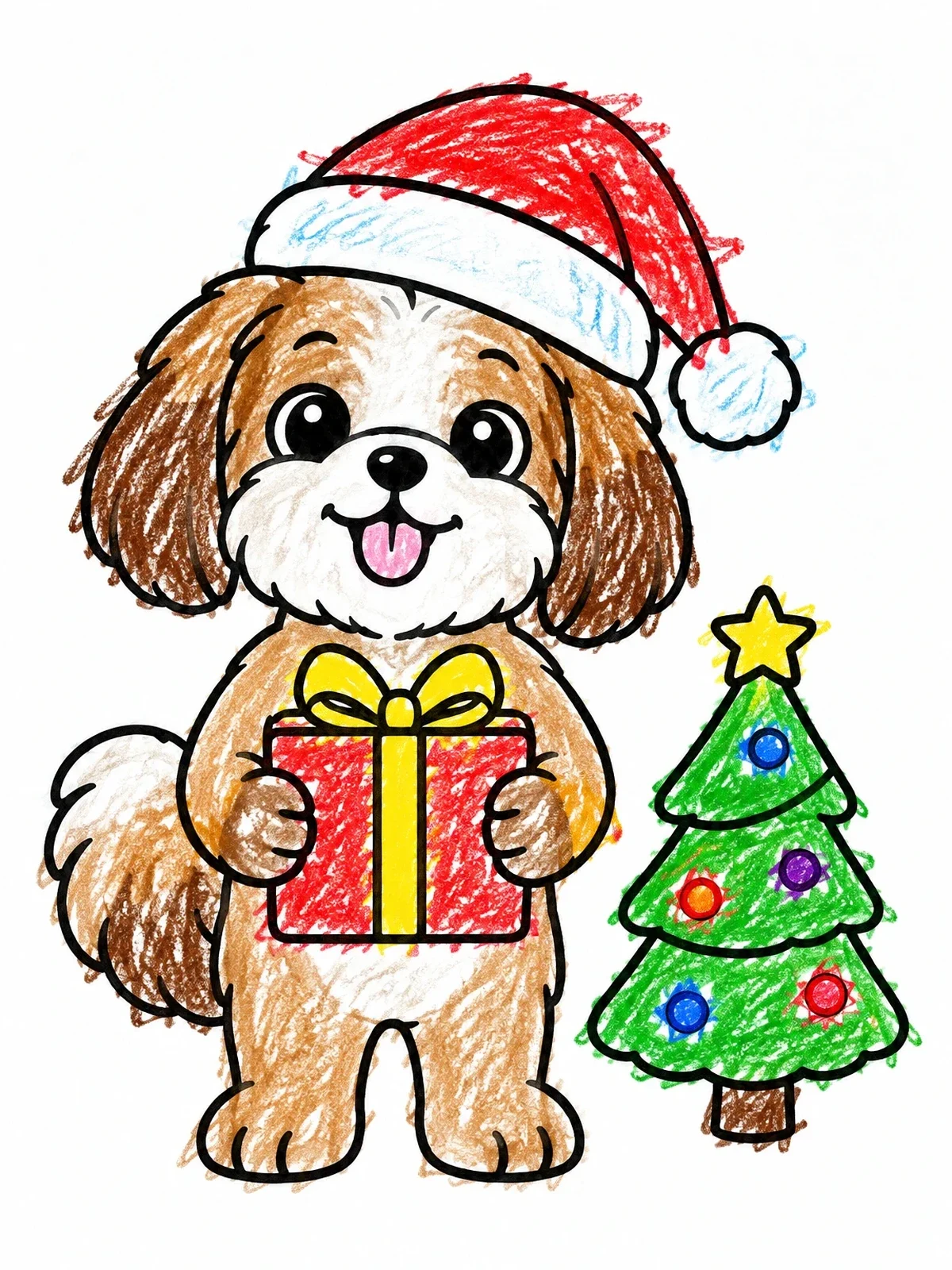 Colored example of the Cute Christmas Shih Tzu coloring page
