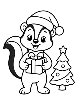 A festive skunk coloring page with a holiday hat, gift box, and tiny tree.