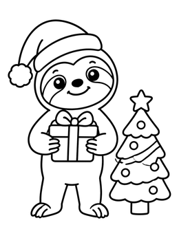 A cheerful sloth coloring page featuring a Santa hat, a present, and a decorated tree.
