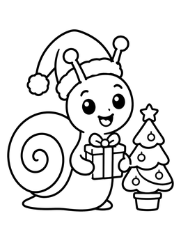 A cheerful snail coloring page featuring a Santa hat, small Christmas tree, and gift box.