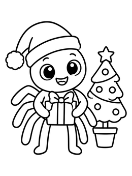 A cheerful cartoon spider coloring page with a Santa hat holding a wrapped gift beside a Christmas tree.