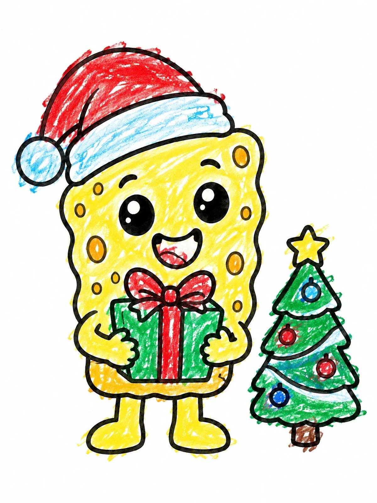 Colored example of the Cute Christmas Sponge With Gift coloring page