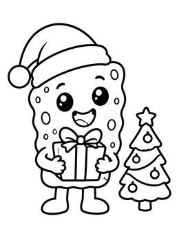 A cheerful cartoon character on a sponge coloring page with a Santa hat, present, and small tree.