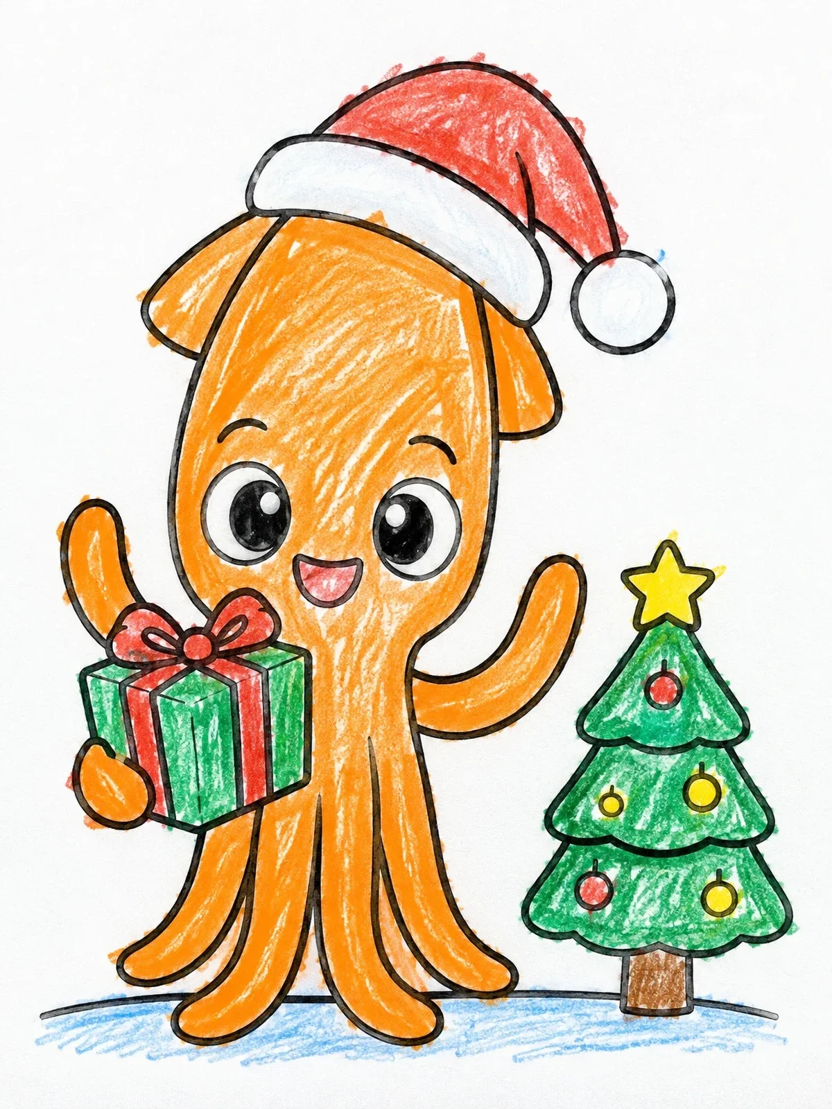 Colored example of the Cute Squid Celebrating Christmas coloring page