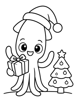 A cheerful cartoon squid coloring page with a Santa hat, present, and small Christmas tree.